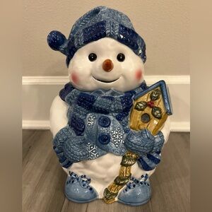 Blue & White Snowman Cookie Jar with Birdhouse - Holiday Decor